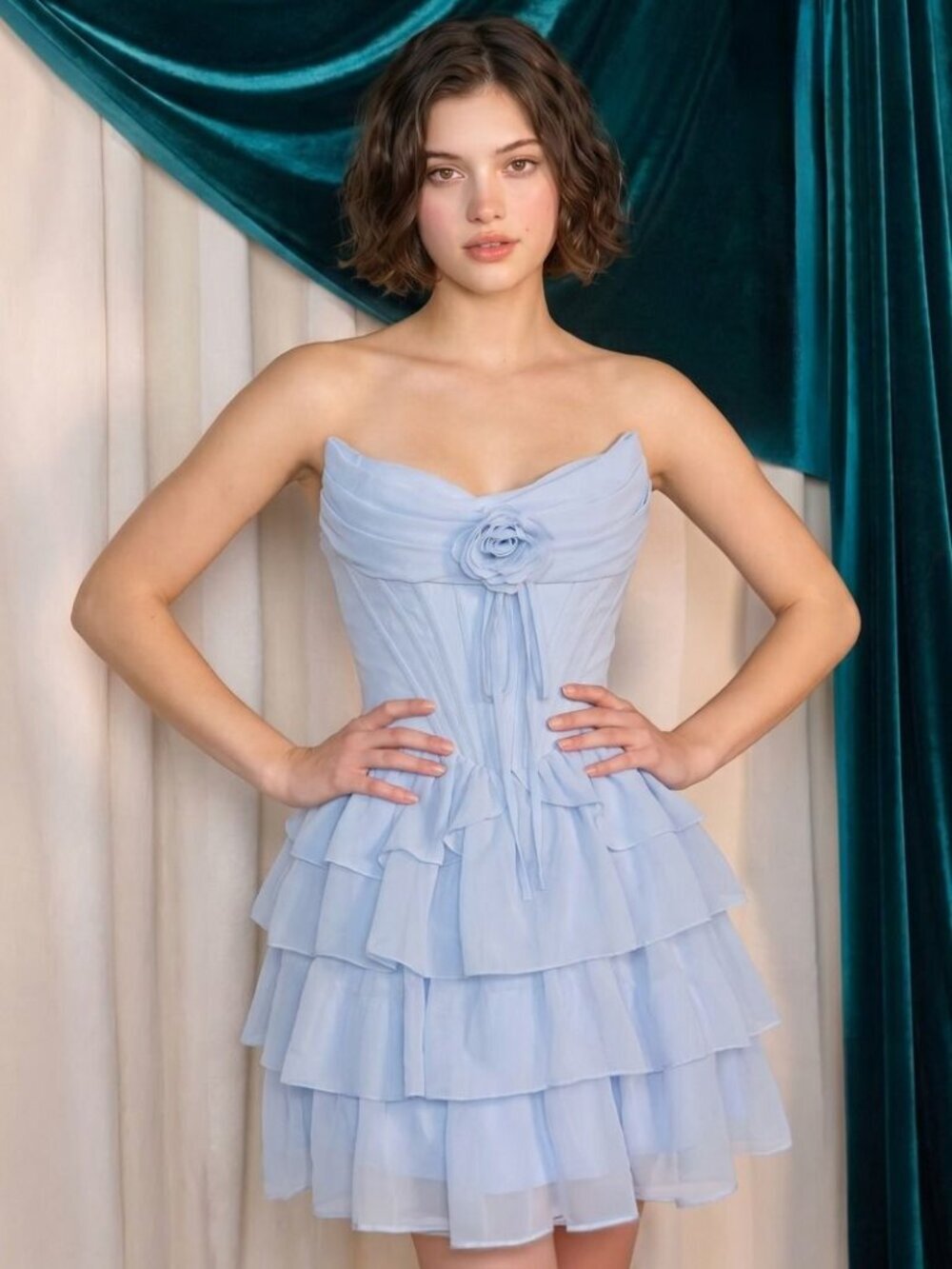 New Blue Short Romantic Fit & Flare Chiffon Dress w/ Ruffled Skirt CD A1521